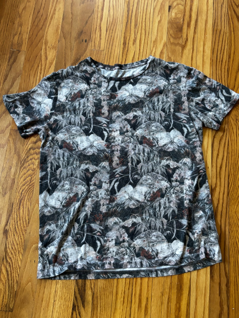 All Saints Charcoal, White and Brown Floral-Print Tee